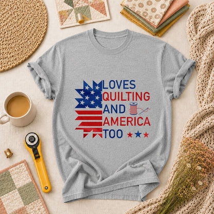 Loves Quilting And America Too T-Shirt - Athletic Heather