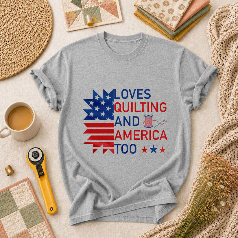 Loves Quilting And America Too T-Shirt - Athletic Heather