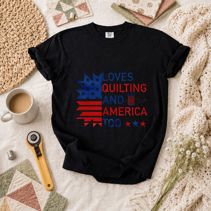 Loves Quilting And America Too T-Shirt - Black