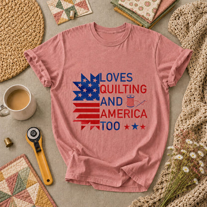 Loves Quilting And America Too T-Shirt - Heather Mauve