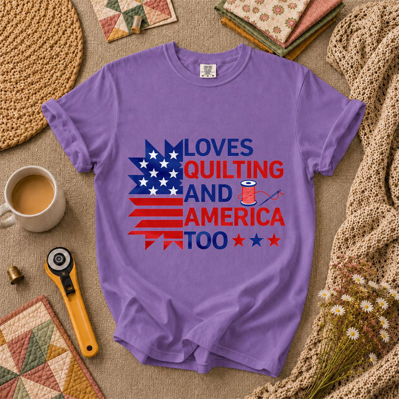 Loves Quilting And America Too T-Shirt - Heather Team Purple