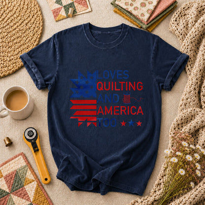 Loves Quilting And America Too T-Shirt - Navy