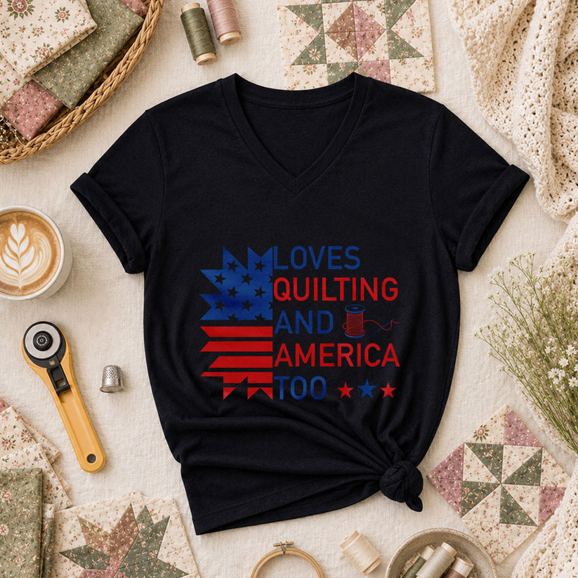 Loves Quilting And America Too Women's V-Neck - Black