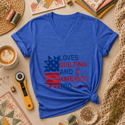 Loves Quilting And America Too Women's V-Neck - Heather True Royal