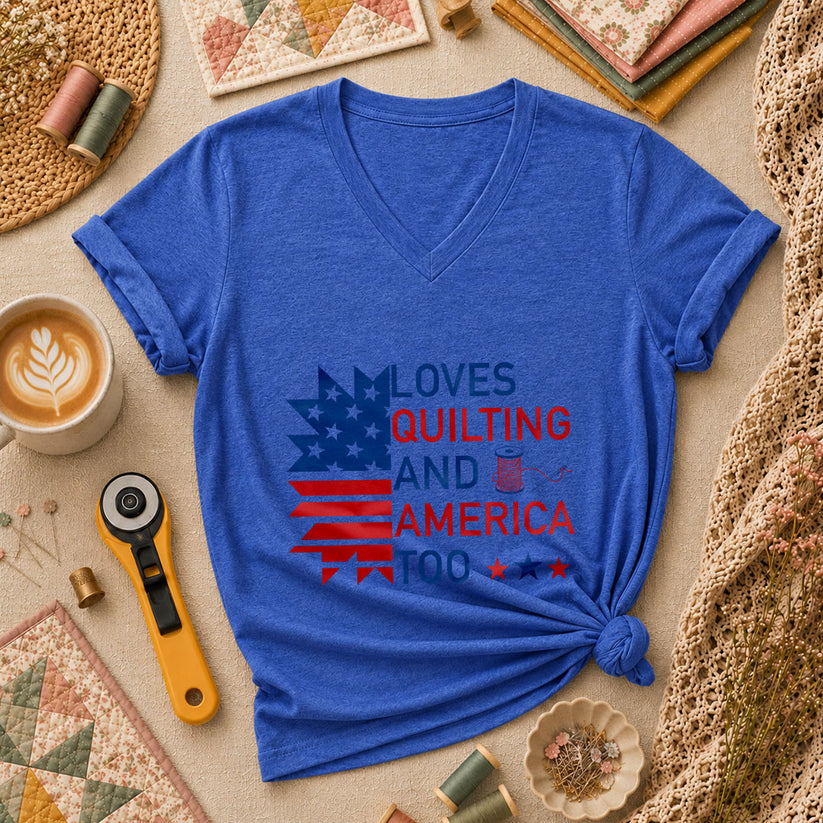 Loves Quilting And America Too Women's V-Neck - Heather True Royal