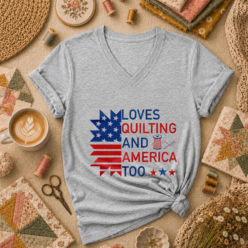 Loves Quilting And America Too Women's V-Neck - Sport Grey