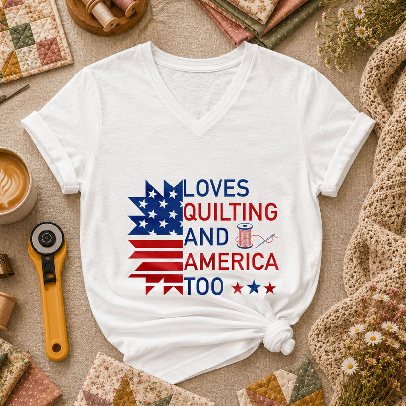 Loves Quilting And America Too Women's V-Neck - White