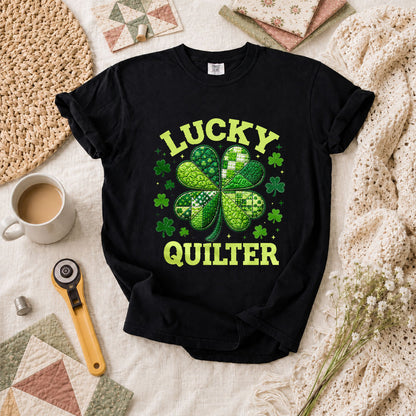 Lucky Quilter Shamrock St Patricks Day T-Shirt - Black