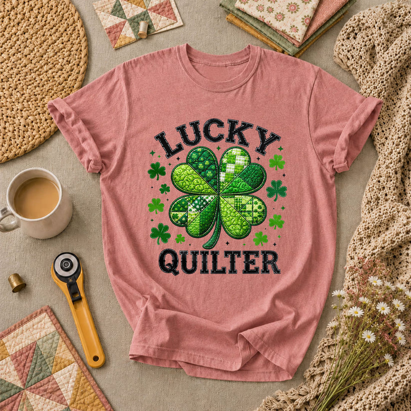 Lucky Quilter Shamrock St Patricks Day T-Shirt - Heather Mauve