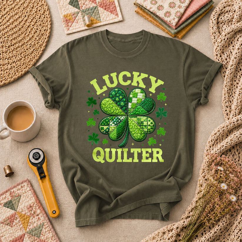 Lucky Quilter Shamrock St Patricks Day T-Shirt - Military Green