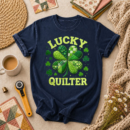 Lucky Quilter Shamrock St Patricks Day T-Shirt - Navy