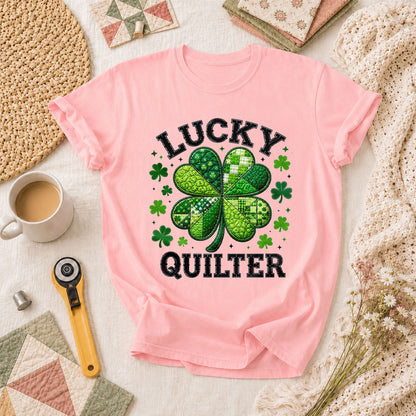 Lucky Quilter Shamrock St Patricks Day T-Shirt - Pink