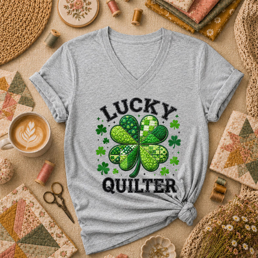 Lucky Quilter Shamrock St Patricks Day Women's V-Neck - Athletic Heather