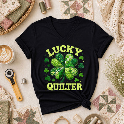 Lucky Quilter Shamrock St Patricks Day Women's V-Neck - Black
