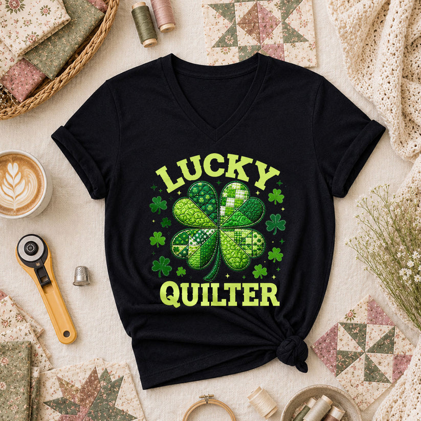 Lucky Quilter Shamrock St Patricks Day Women's V-Neck - Black