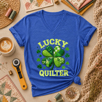 Lucky Quilter Shamrock St Patricks Day Women's V-Neck - Heather True Royal