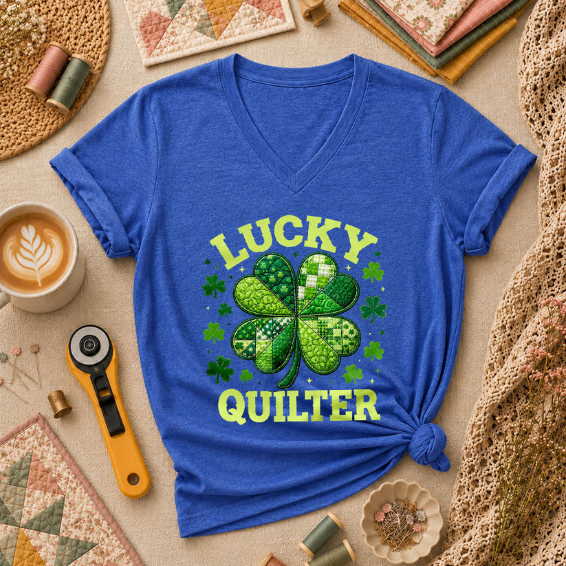 Lucky Quilter Shamrock St Patricks Day Women's V-Neck - Heather True Royal