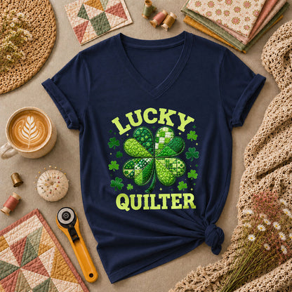 Lucky Quilter Shamrock St Patricks Day Women's V-Neck - Navy