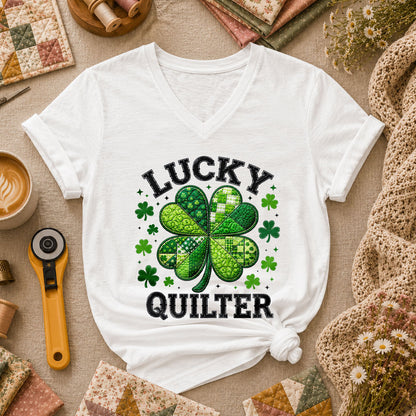 Lucky Quilter Shamrock St Patricks Day Women's V-Neck - White