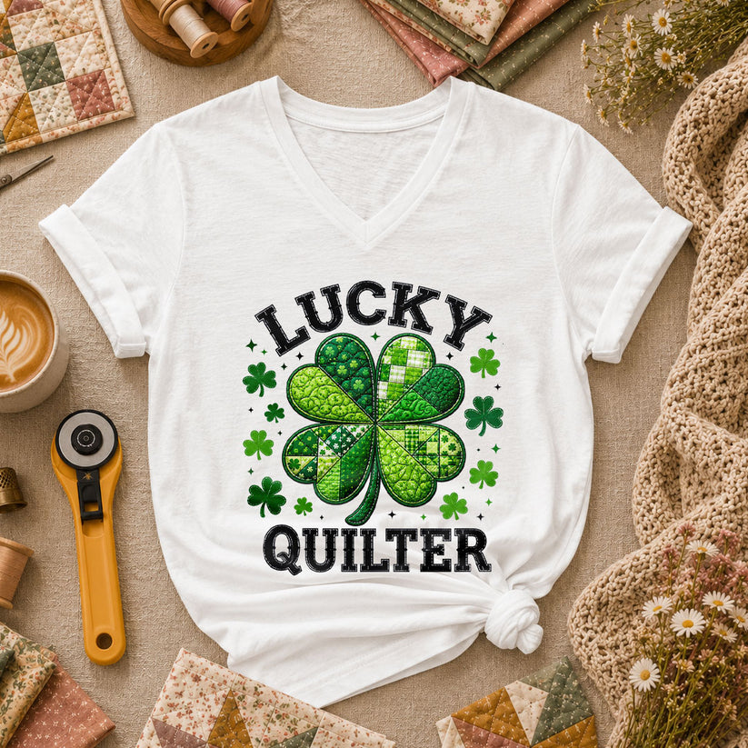 Lucky Quilter Shamrock St Patricks Day Women's V-Neck - White