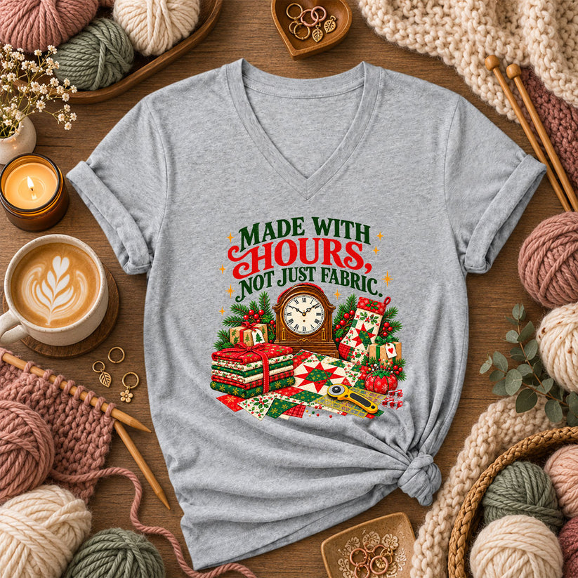 Made With Hours Not Just Fabric Christmas Quilting Women's V-Neck - Athletic Heather