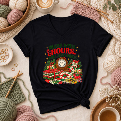 Made With Hours Not Just Fabric Christmas Quilting Women's V-Neck - Black