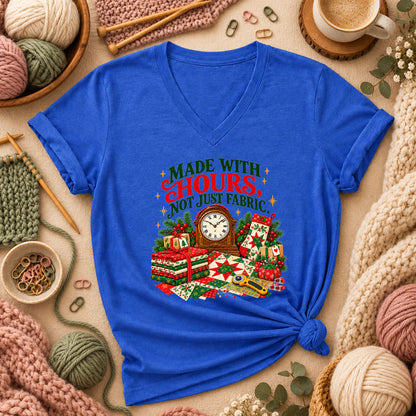 Made With Hours Not Just Fabric Christmas Quilting Women's V-Neck - Heather True Royal