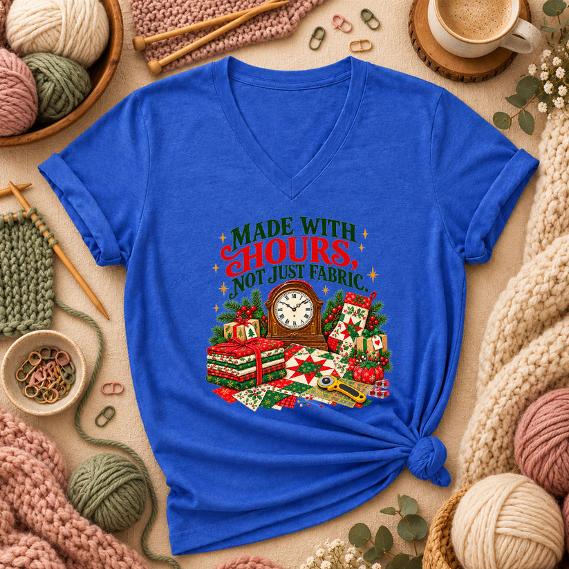 Made With Hours Not Just Fabric Christmas Quilting Women's V-Neck - Heather True Royal