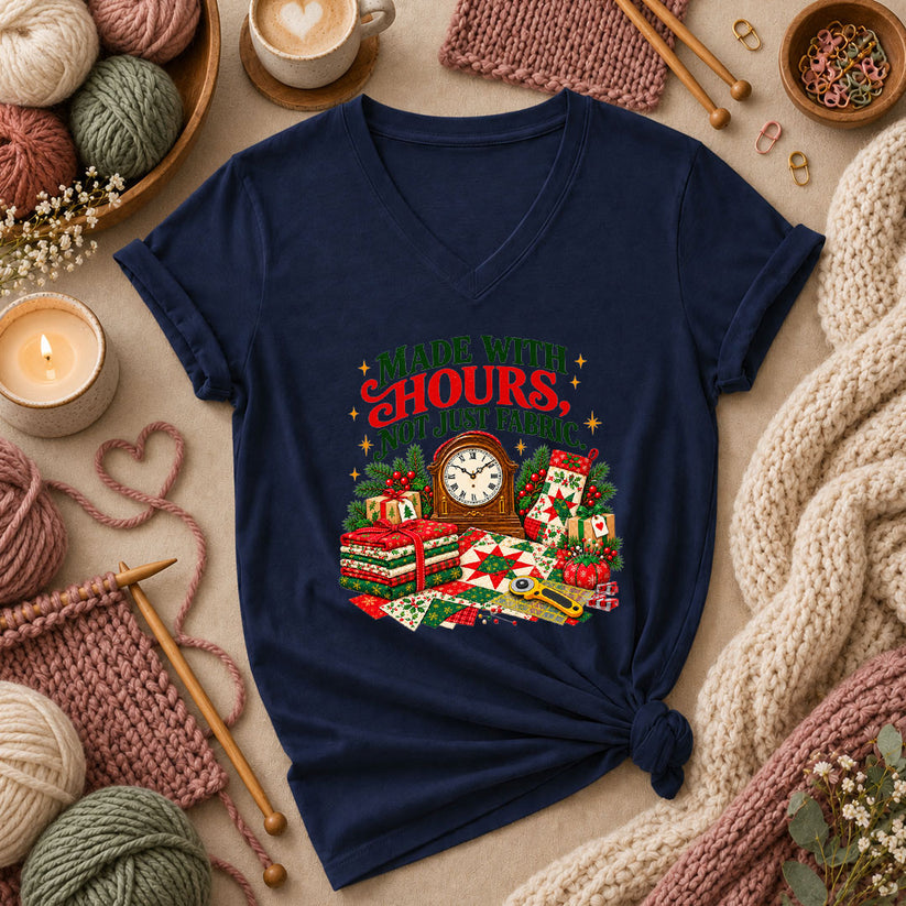 Made With Hours Not Just Fabric Christmas Quilting Women's V-Neck - Navy
