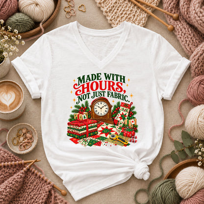 Made With Hours Not Just Fabric Christmas Quilting Women's V-Neck - White