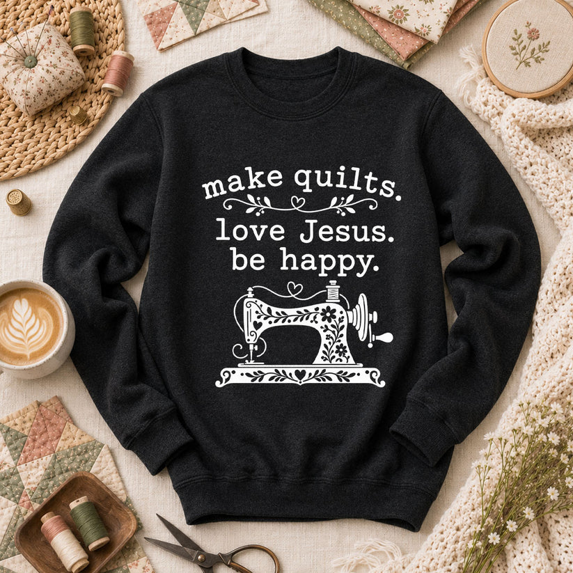 Make Quilts Love Jesus Be Happy Long Sleeve - Black