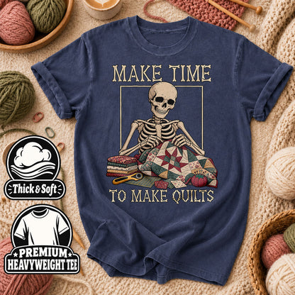 Make Time To Make Quilts Skeleton T-Shirt - Heather Navy