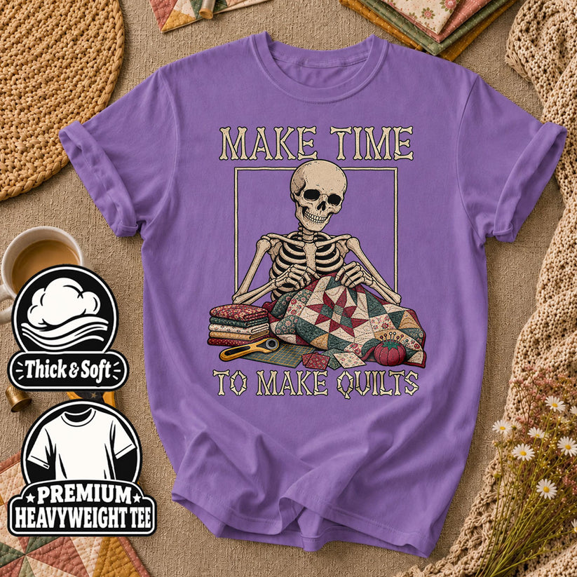 Make Time To Make Quilts Skeleton T-Shirt - Heather Team Purple