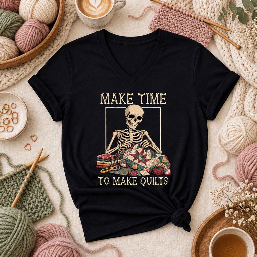 Make Time To Make Quilts Skeleton Women's V-Neck - Black