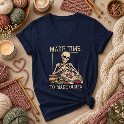 Make Time To Make Quilts Skeleton Women's V-Neck - Navy