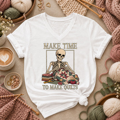 Make Time To Make Quilts Skeleton Women's V-Neck - White