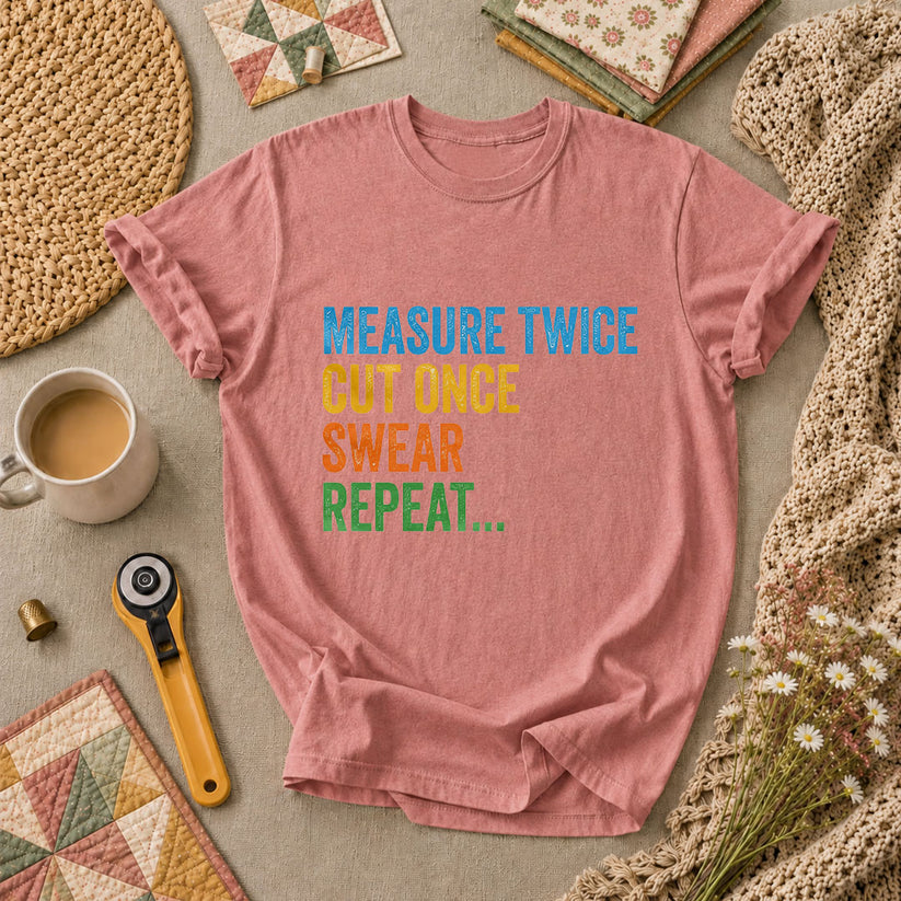 Measure Twice Cut Once Swear Repeat Funny Quilter T-Shirt - Heather Mauve
