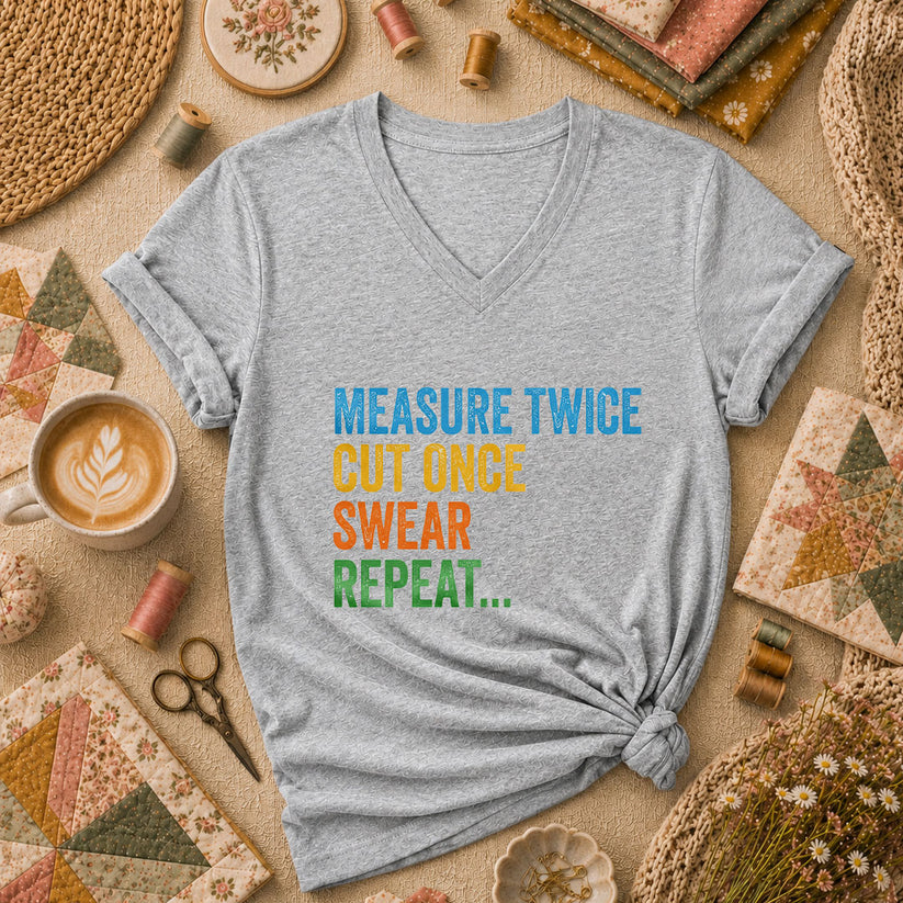 Measure Twice Cut Once Swear Repeat Funny Quilter Women's V-Neck - Athletic Heather