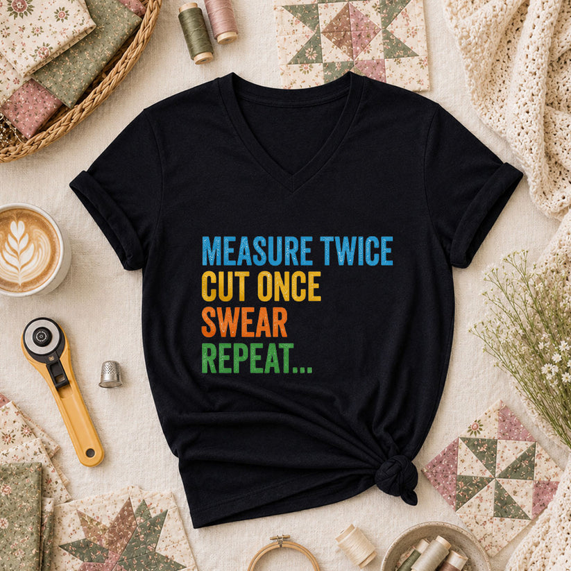 Measure Twice Cut Once Swear Repeat Funny Quilter Women's V-Neck - Black
