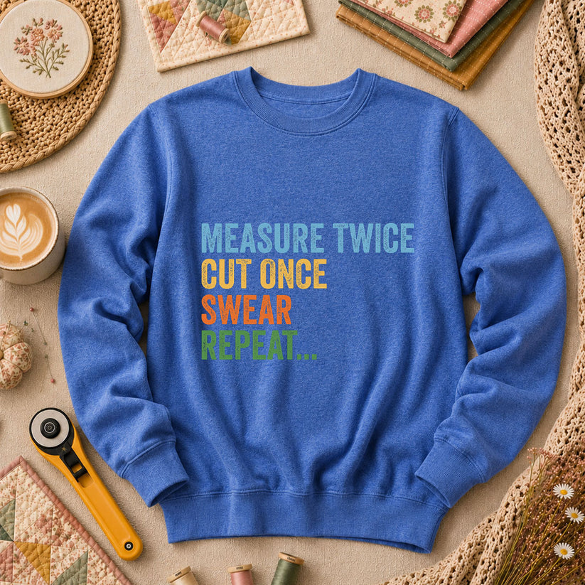 Measure Twice Cut Once Swear Repeat Long Sleeve - Heather True Royal
