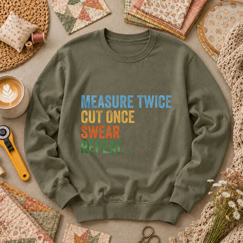 Measure Twice Cut Once Swear Repeat Long Sleeve - Military Green