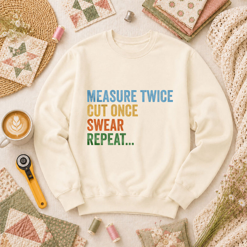 Measure Twice Cut Once Swear Repeat Long Sleeve - Natural