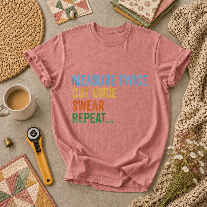 Measure Twice Cut Once Swear Repeat T-Shirt - Heather Mauve