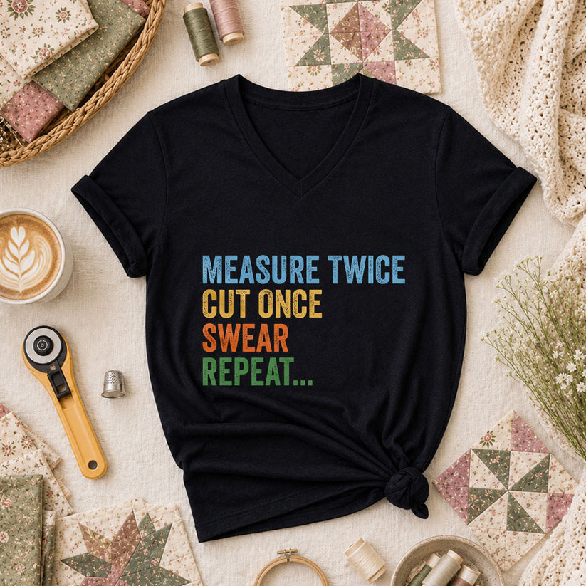 Measure Twice Cut Once Swear Repeat Women's V-Neck - Black
