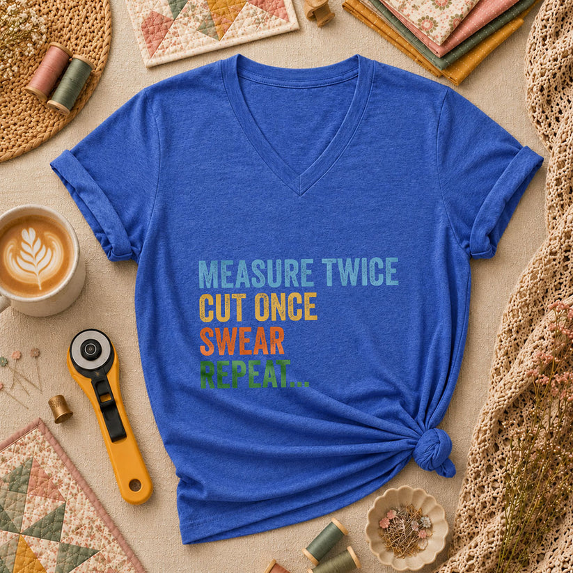 Measure Twice Cut Once Swear Repeat Women's V-Neck - Heather True Royal