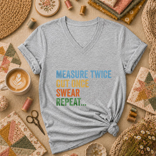 Measure Twice Cut Once Swear Repeat Women's V-Neck - Sport Grey