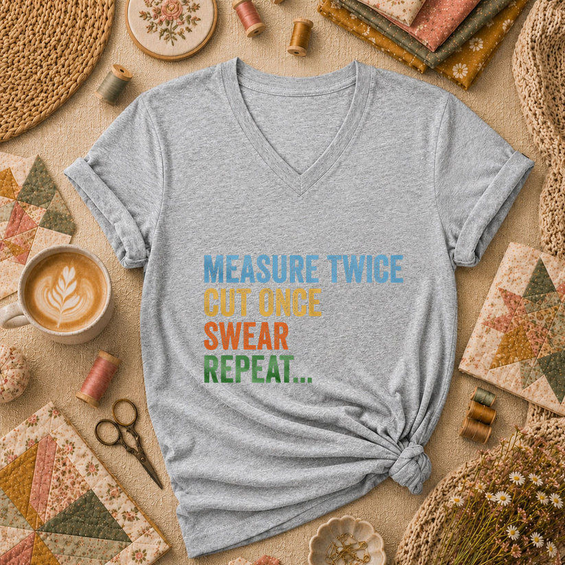 Measure Twice Cut Once Swear Repeat Women's V-Neck - Sport Grey