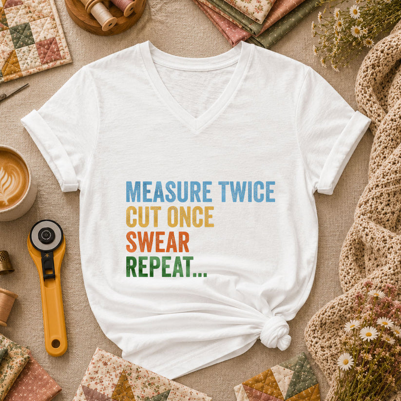 Measure Twice Cut Once Swear Repeat Women's V-Neck - White