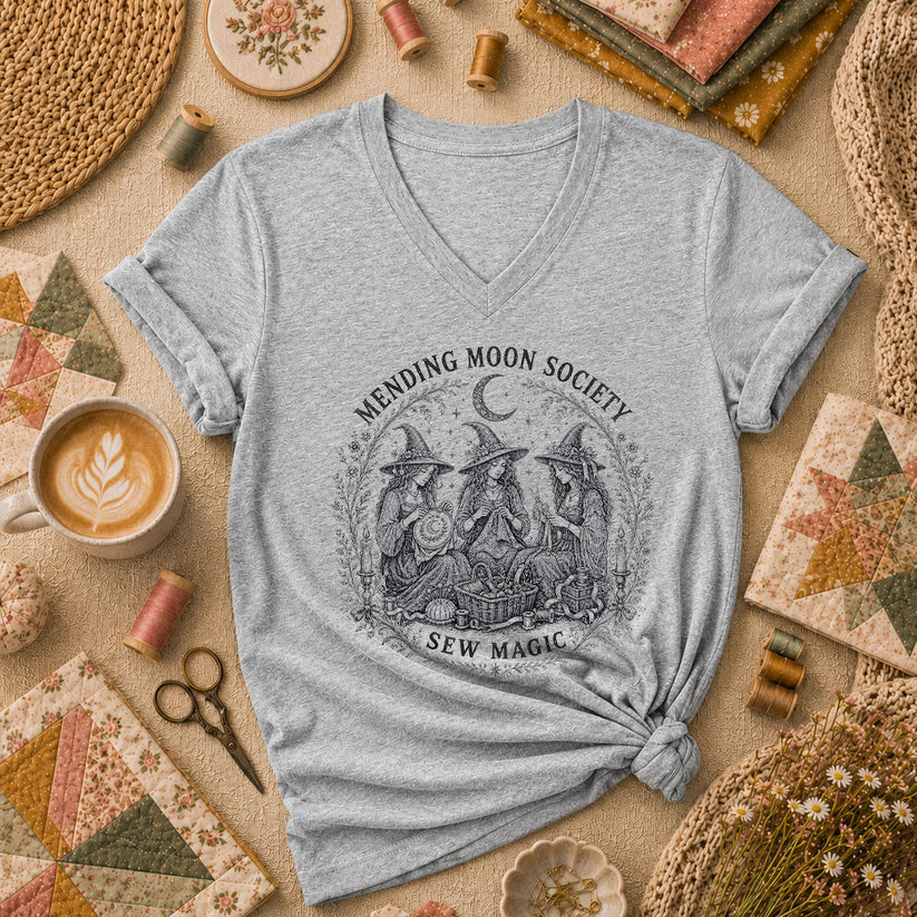 Mending Moon Society Sew Magic Witches Women's V-Neck - Athletic Heather