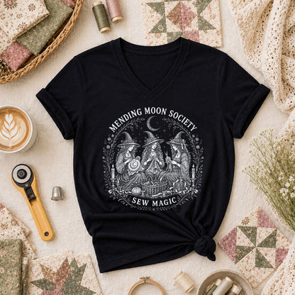 Mending Moon Society Sew Magic Witches Women's V-Neck - Black
